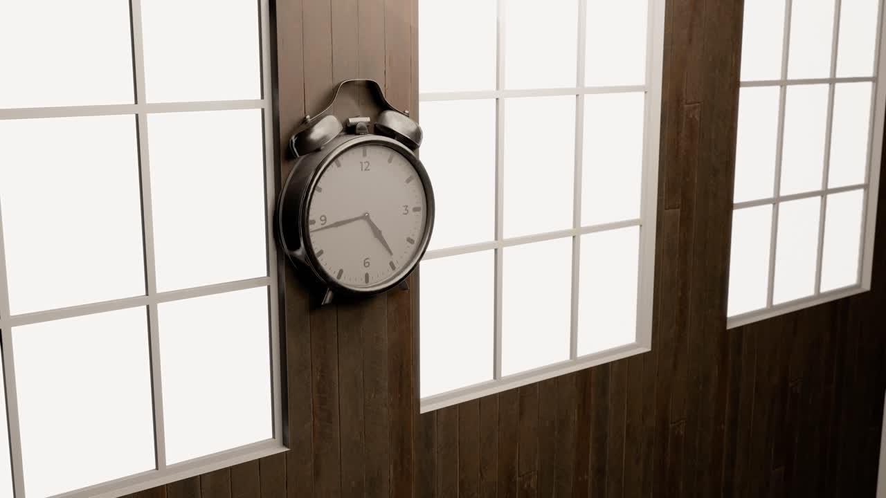 3D animation showing a clock on a wall with light coming through the windows