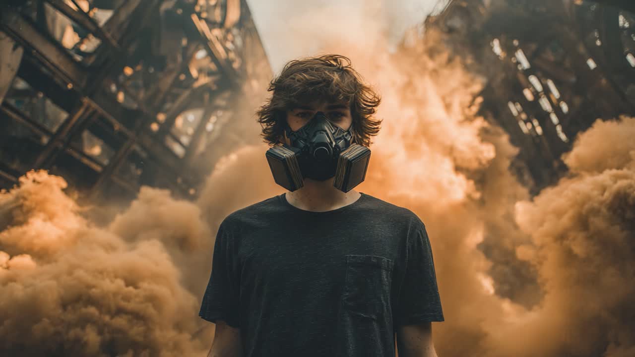 Una figura solitaria si erge tra nuvole vorticose di fumo e detriti, incarnando resilienza e sfida in un paesaggio post-apocalittico, catturata in un drammatico momento di tensione