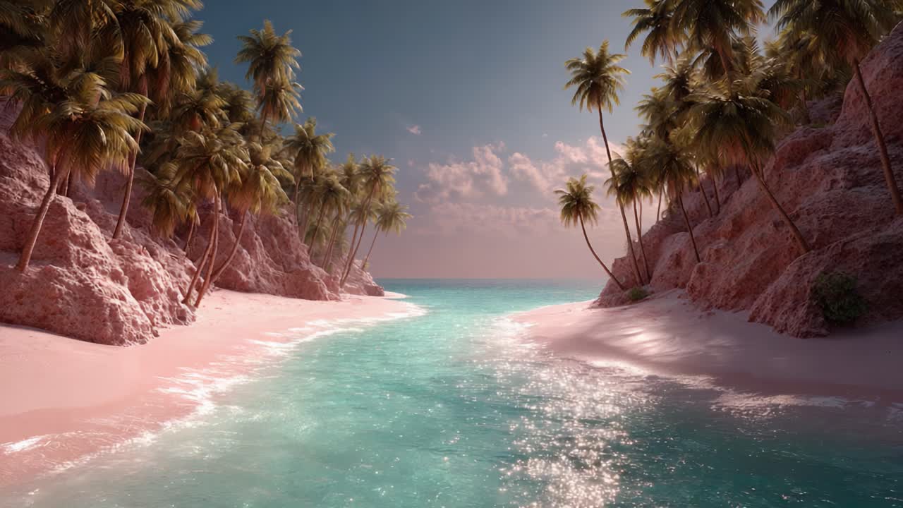 A Serene Tropical Paradise: Captivating View of a Pristine Beach Surrounded by Lush Palm Trees, Turquoise Waters, and Gentle Waves Under a Clear Sky
