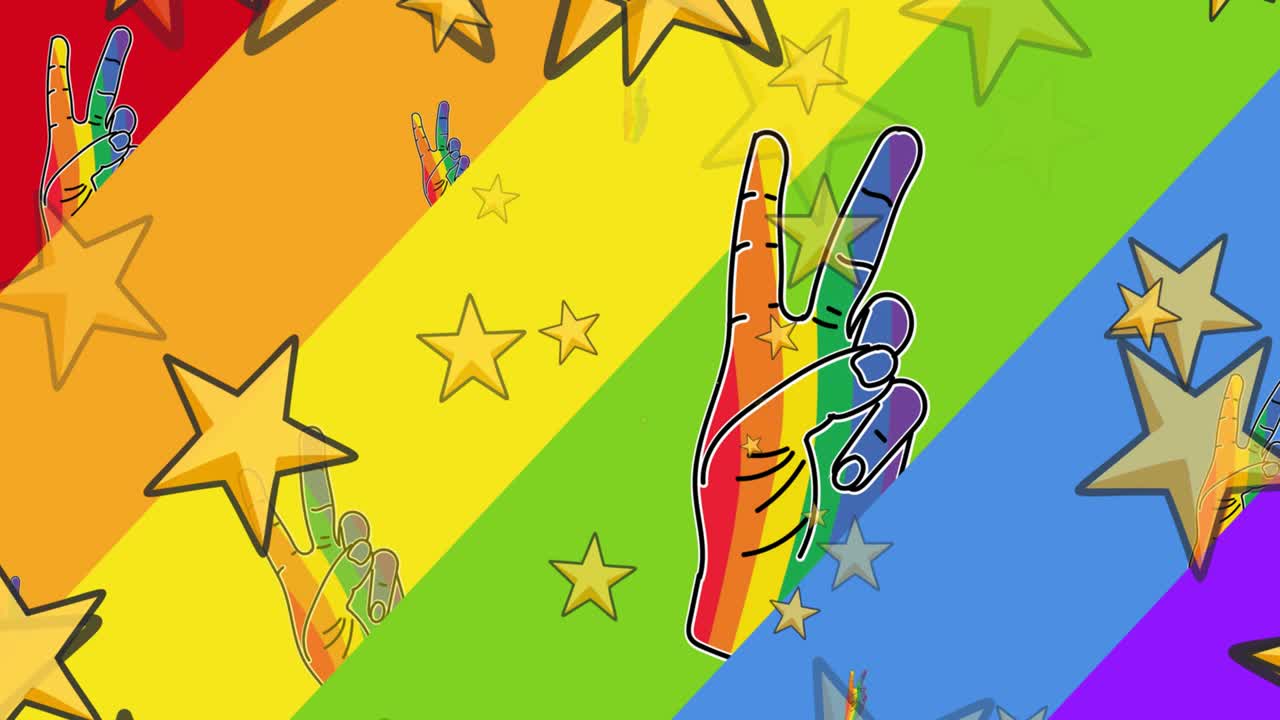 무지개 배경과 함께 무지개 손 위의 별의 애니메이션