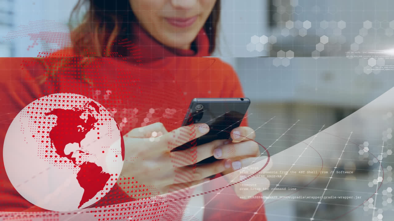 animación de globo y cuadrícula sobre mujer usando teléfono inteligente