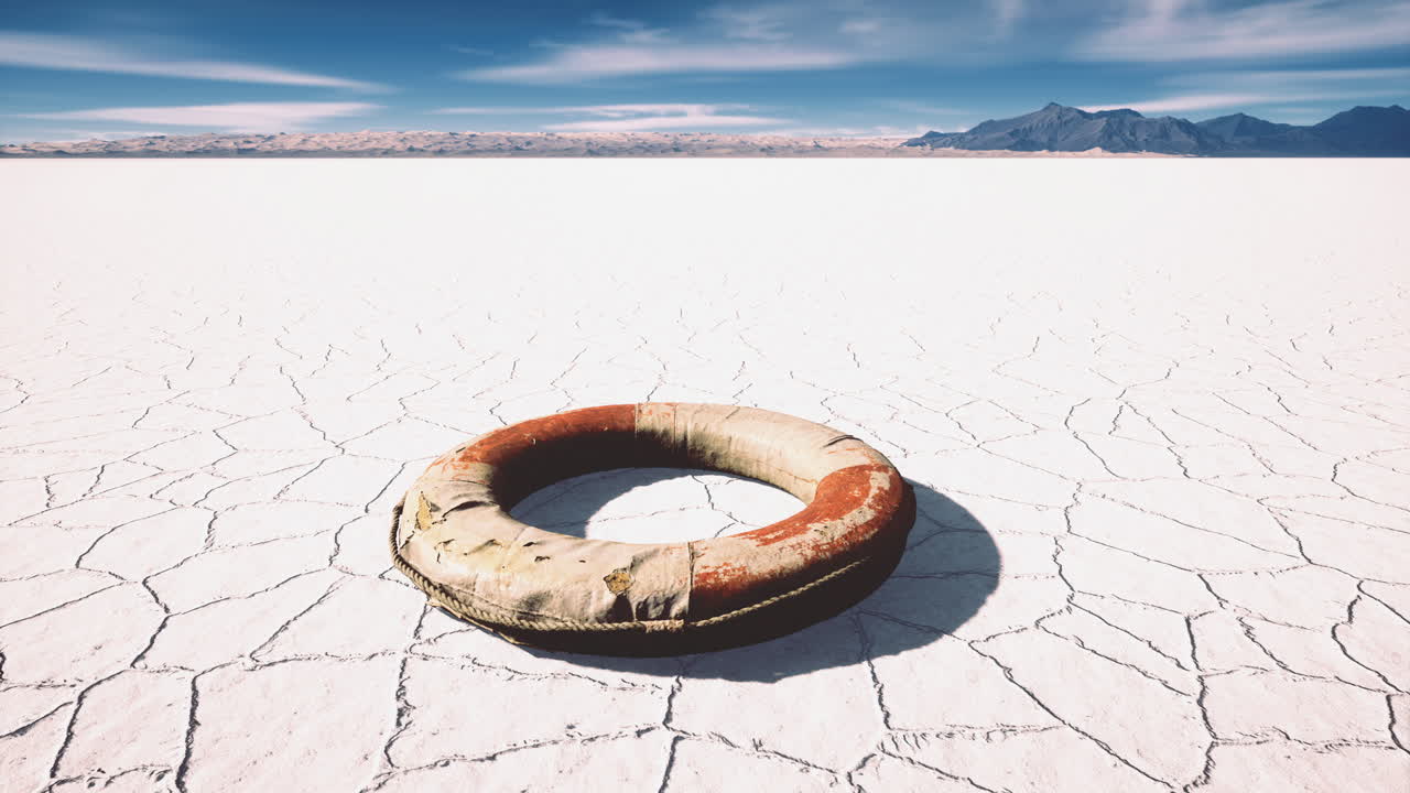 Unique lifebuoy resting on cracked salt flats in a serene landscape