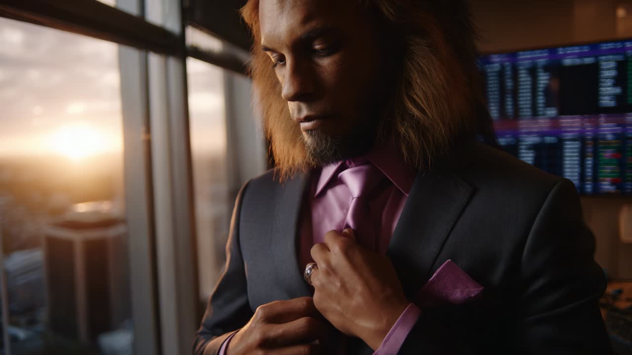 A Stylish Figure with Lion Characteristics Adjusting Attire in a Modern Office Setting, Against a Sunset View, Showcasing a Unique Blend of Sophistication and Wild Essence Represented through Hybrid Appearance