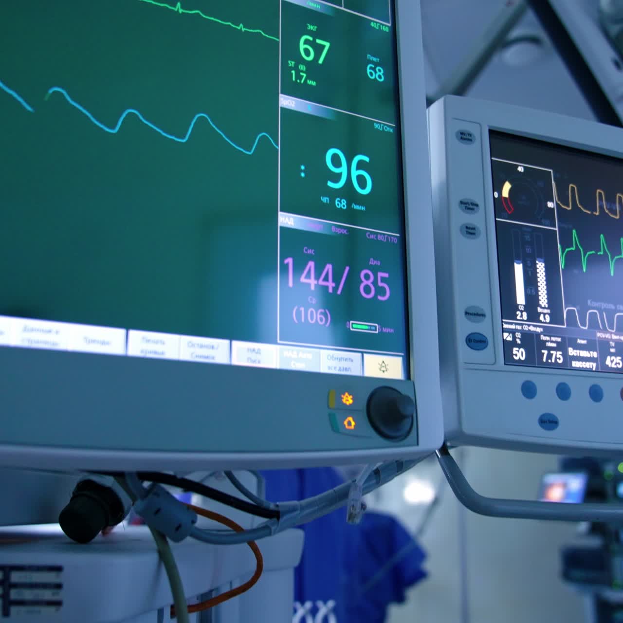 Innovative medical equipment in the modern surgical room. Machines and monitors working during the operation. Close up