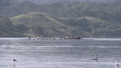 Panorámica-De-Un-Barrido-De-Remo-De-Ocho-Personas-Seguido-Por-Su-Entrenador-En-Lake-Casitas-En-Oak-View-California