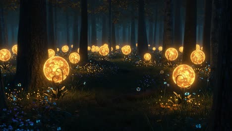A Magical Enchanted Forest Illuminated by Glowing Orbs Nestled Among Lush Flora, Creating a Serene and Dreamlike Atmosphere in Nature&#039;s Embrace