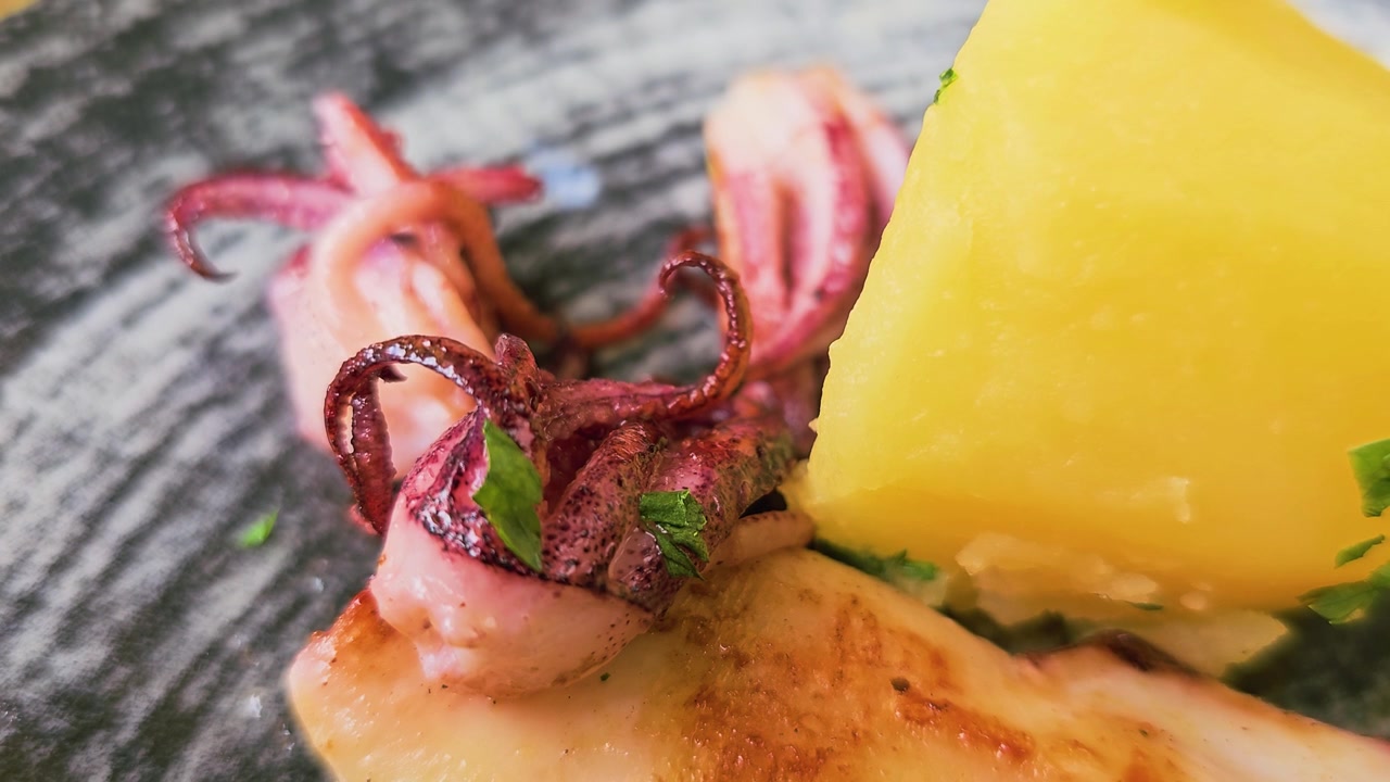 Primo piano macro di tentacoli di calamari grigliati e patate bollite su un piatto di ceramica rustico, pasto a base di pesce fresco guarnito con prezzemolo in un ristorante mediterraneo, profondità di campo ridotta