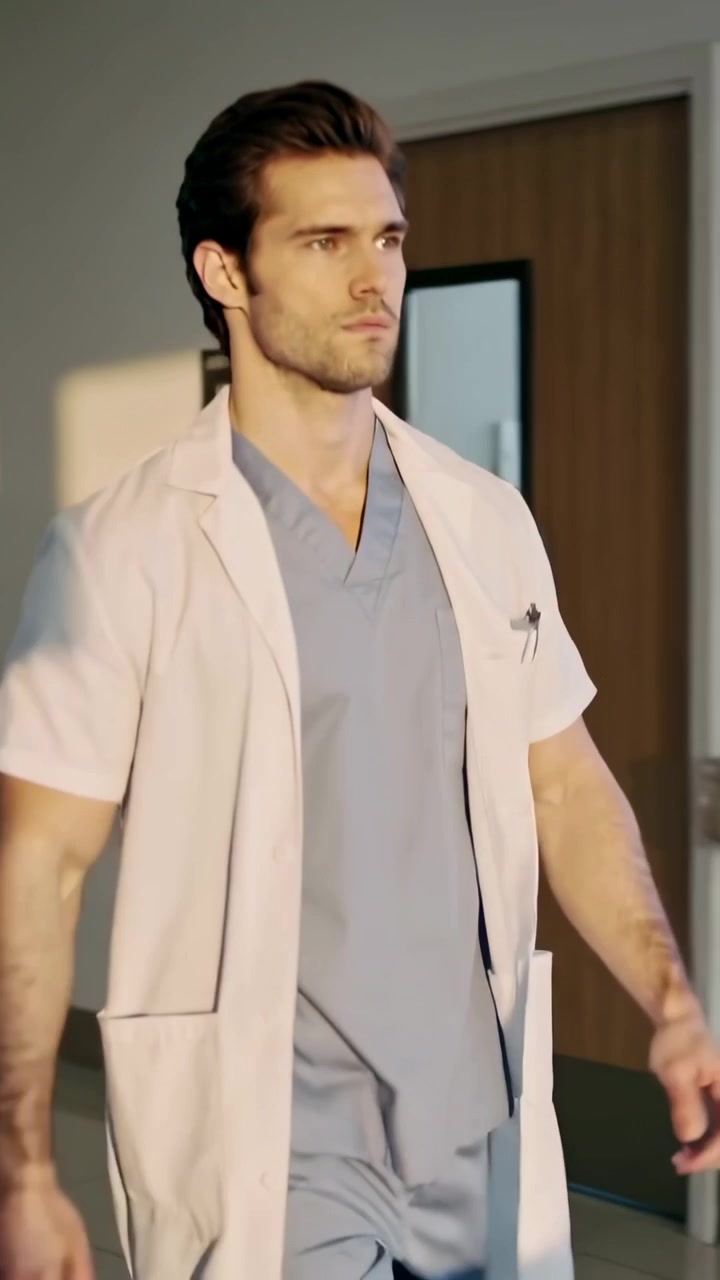 Video verticale: Medico che cammina facendo il giro dei pazienti mentre la telecamera segue il reparto, con camice da laboratorio e penna.
