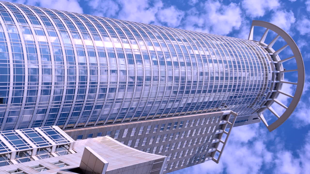 Low angle view of the Westend Tower skyscraper in Frankfurt, Germany. Vertical