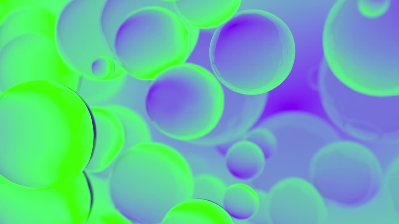 Abstract colorful bubbles. Purple and green fluorescent gradient background advertisement. Modern trendy banner or poster design. Dynamic bouncing balls and copy space for text. 3d animation of 4K