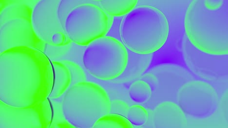 burbujas abstractas de colores. publicidad de fondo de gradiente fluorescente púrpura y verde. diseño moderno de pancartas o carteles de moda. bolas dinámicas que rebotan y espacio de copia para texto. animación 3d de 4k
