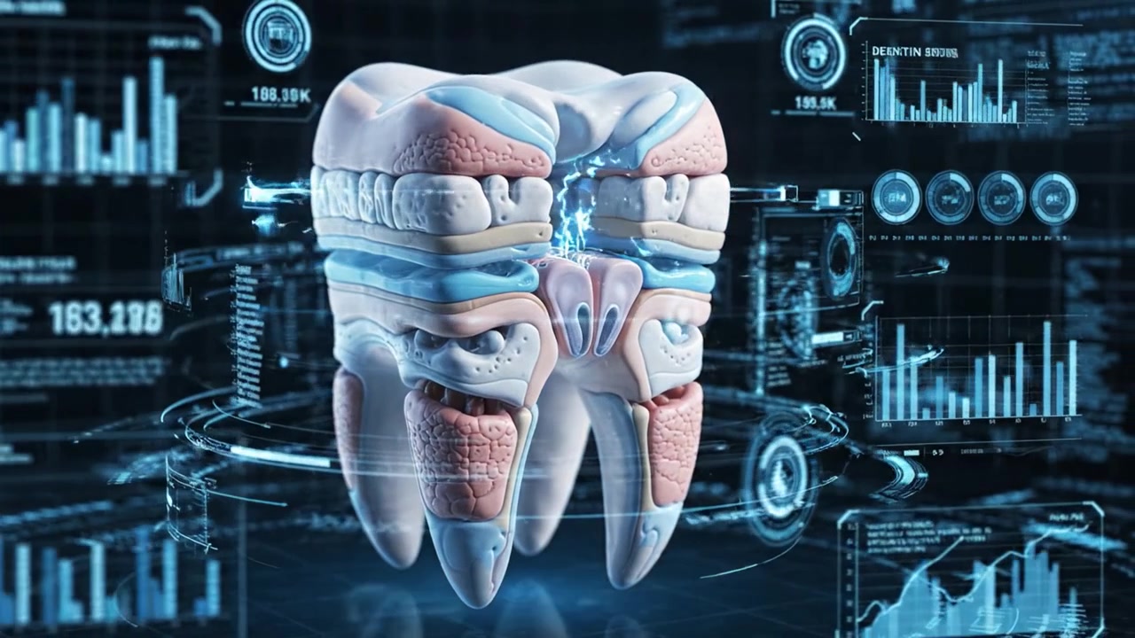 Exploring Dental Anatomy: A Detailed 3D Visualization of a Tooth, Highlighting its Structure and Layers, Featuring Enamel, Dentin, and Pulp in Digital Context