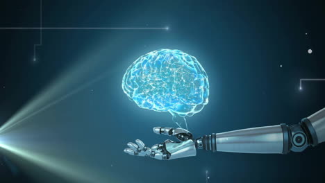 animación de cerebro giratorio y mano robótica sobre puntos de luz