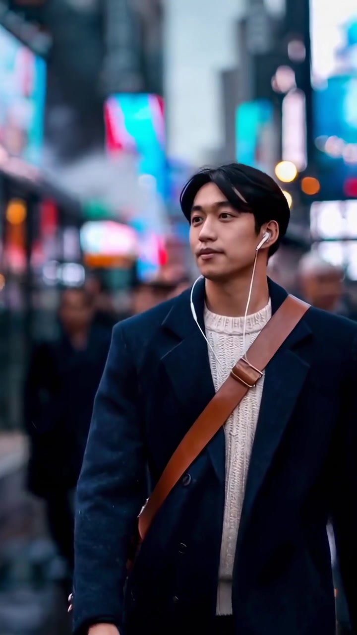 Giovane uomo che cammina attraverso la trafficata Times Square di notte