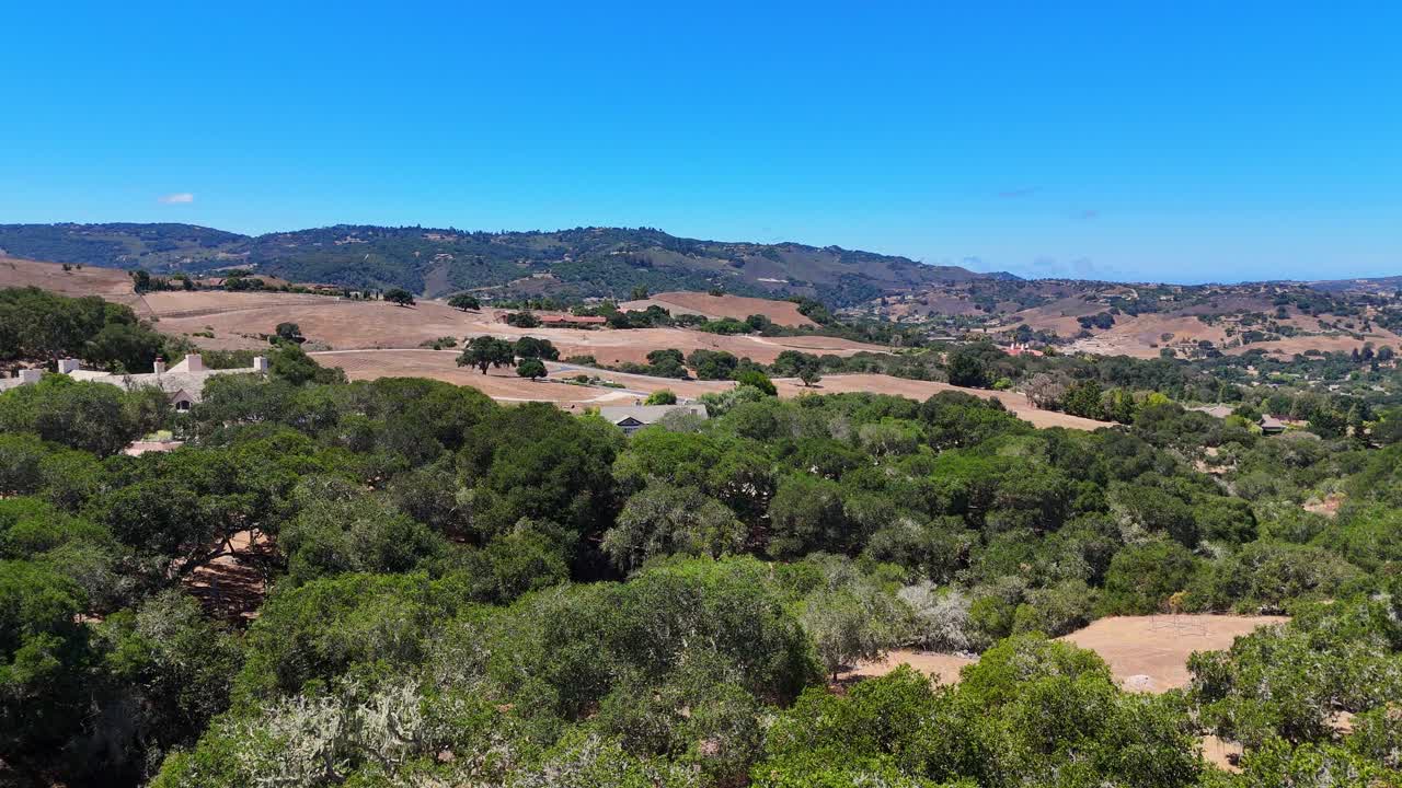 Colinas onduladas e árvores sob céu limpo no vale rural de Salinas, Califórnia, Estados Unidos