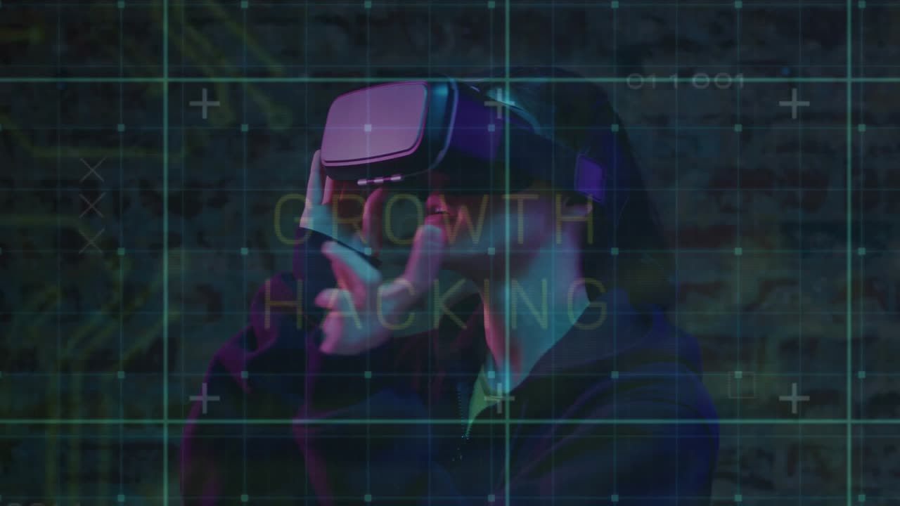 Adult male donning VR headset raising hand opening fingers exploring glowing growth hacking layers