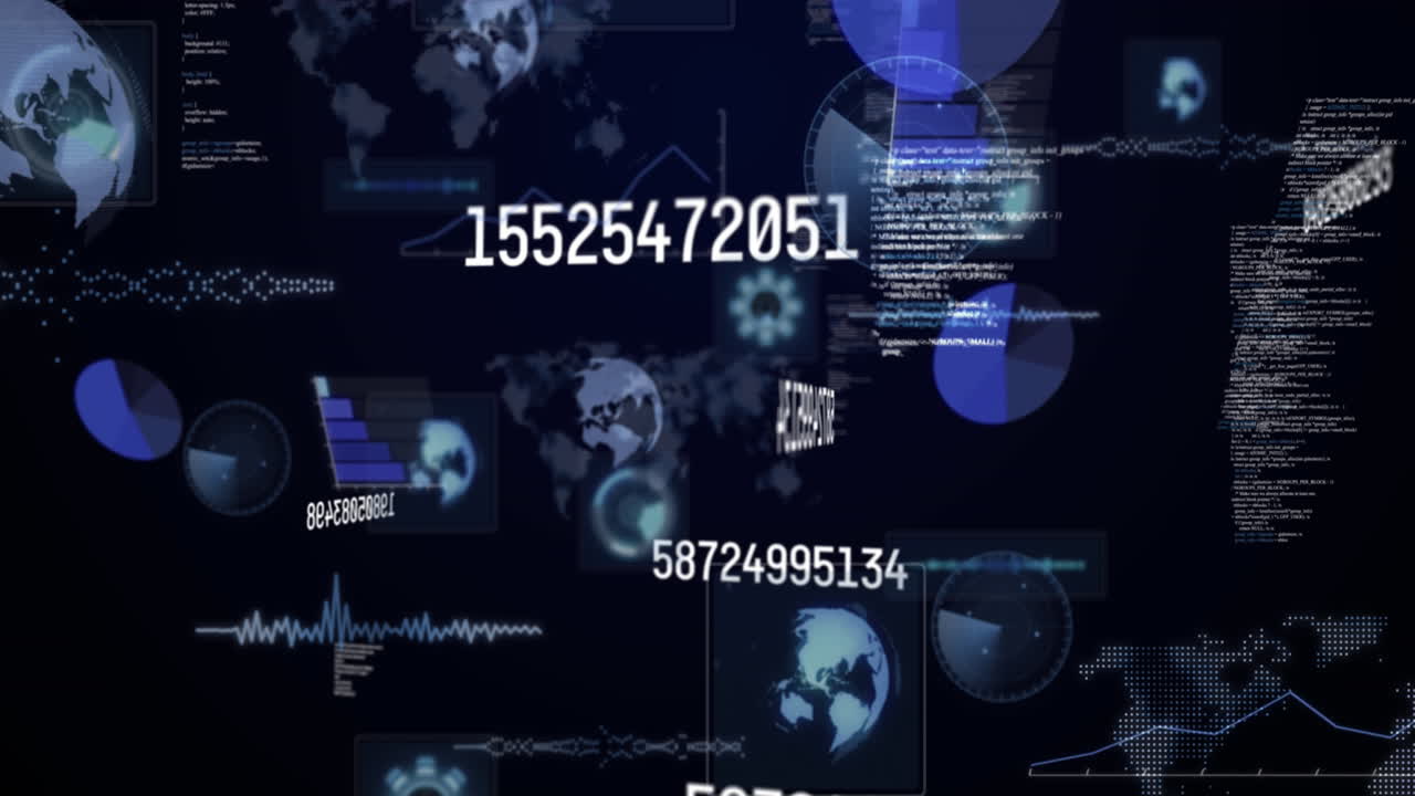 Animation of numbers changing and data processing on screens over world map