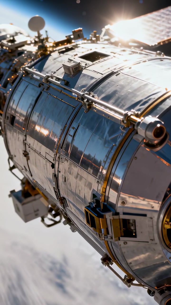 Vertical video: Moving camera approaching cylindrical module in low Earth orbit, revealing port