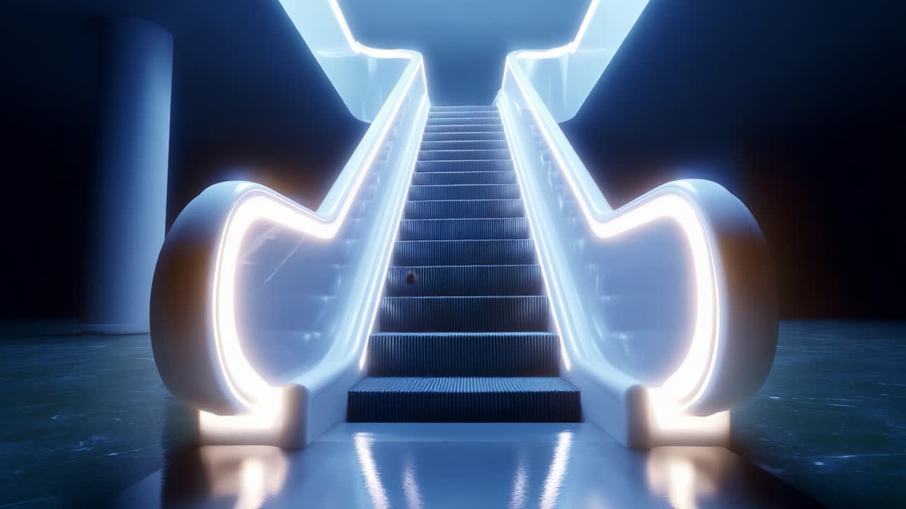 Una scala mobile futuristica illuminata da luci blu soffuse, che sale in un ambiente architettonico elegante e moderno, con particolare attenzione al design minimalista e alla tecnologia di illuminazione innovativa