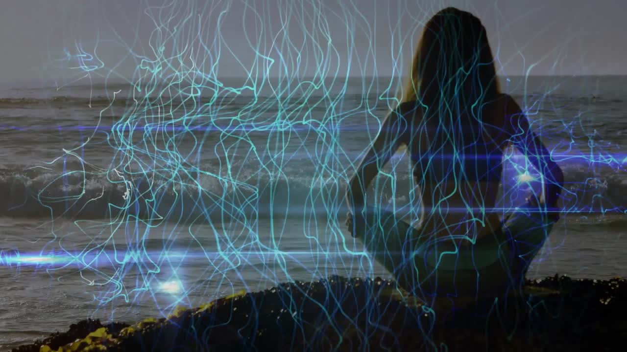 해변에서 요가를 연습하는 백인 여성 위에 파란색 선의 애니메이션