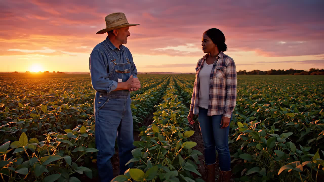 Farmers Discussing Crops in a Field at Sunset