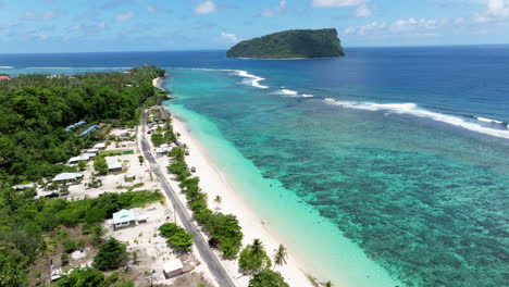 aerial view over tropical lalomanu beach on samoa island, south coast of upolu - drone shot