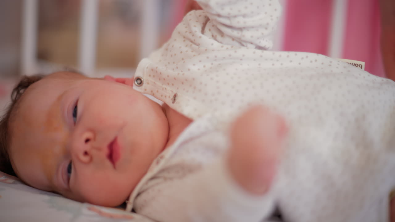 Un neonato in vestiti morbidi si muove delicatamente in una culla, allungando le piccole mani nella luce naturale del mattino
