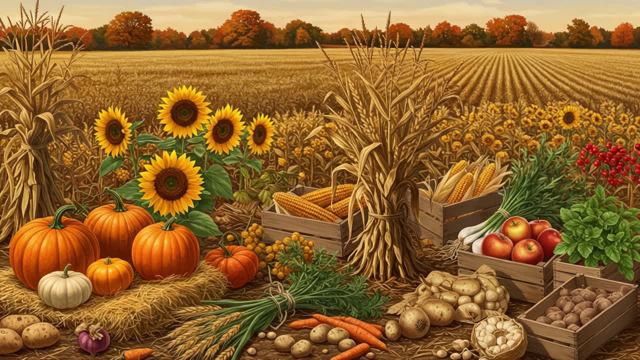 A Vibrant Autumn Harvest: Bountiful Vegetables, Sunflowers, and Pumpkins Enhance the Golden Fields of Fall with Warm Hues and Rustic Charm in a Picturesque Setting