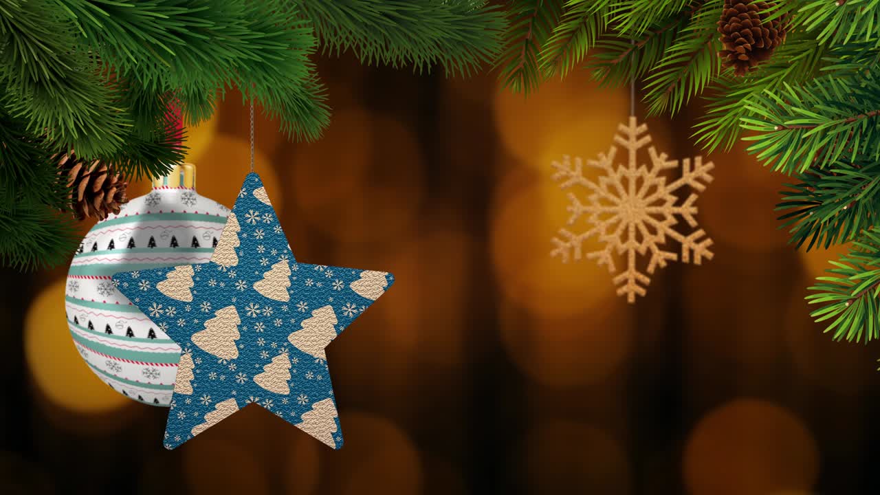 los adornos de navidad y los pinos se balancean en un fondo bokeh en bucle