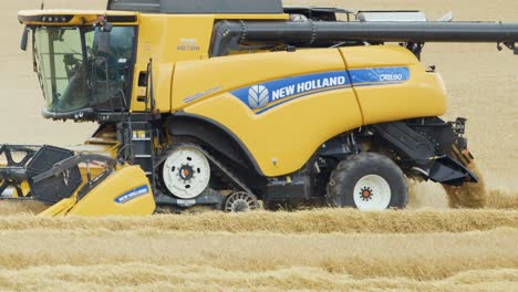 a large yellow combine harvester moves steadily through a golden wheat field under soft daylight, capturing the crop harvesting process with a smooth side tracking shot