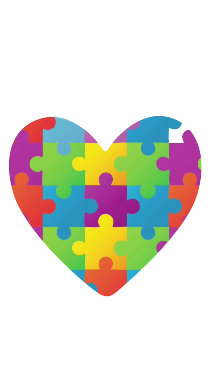 Animazione di pezzi di puzzle colorati e testo del mese della consapevolezza sull'autismo