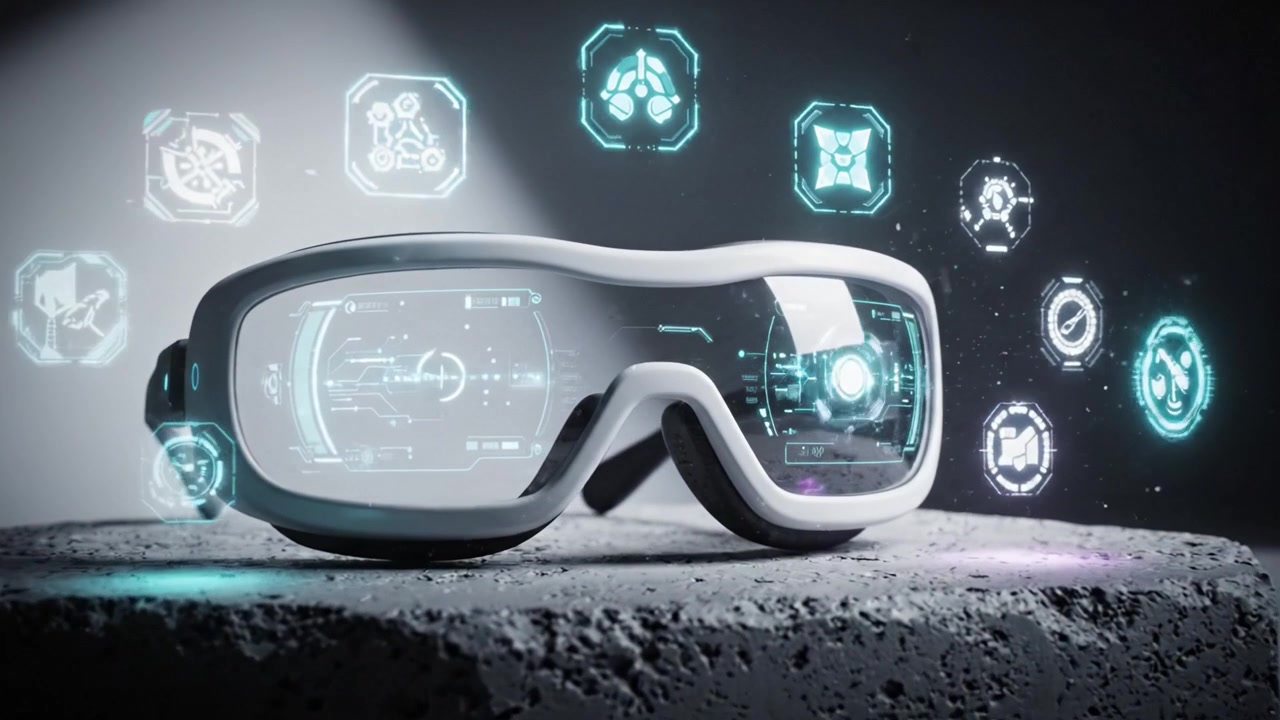 Futuristic Smart Glasses on a Textured Surface Displaying Interactive Augmented Reality Elements with Glowing Graphics and High-Tech Features in a Dimly Lit Environment