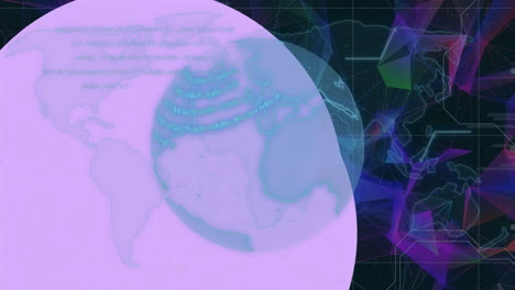 animation of diverse shapes, world map and rotating globe