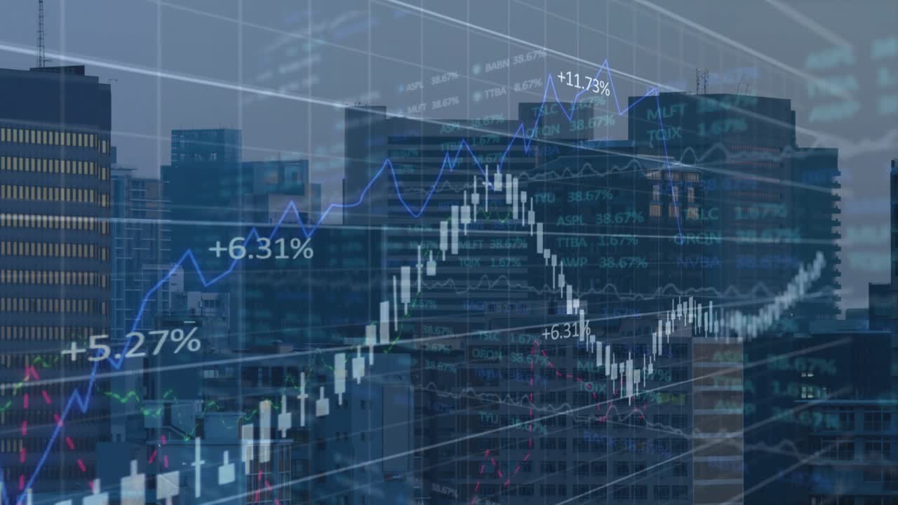 Data arriving, charts appearing, dropping, rising, peaking, receding over skyline, showing trend