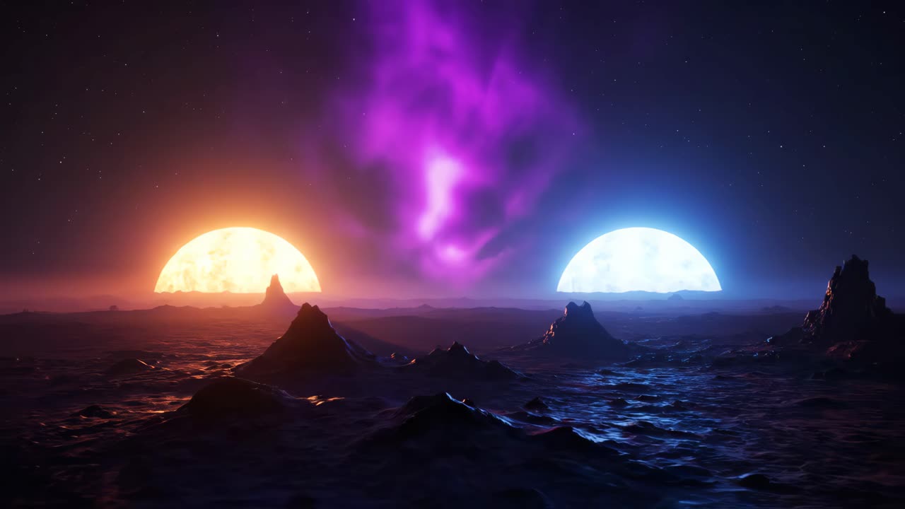 Alien Exoplanet Landscape with Twin Suns and Nebula