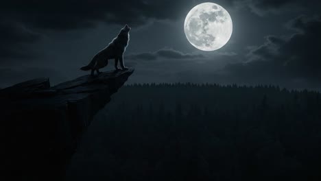 a lone wolf howls at a luminous full moon atop a rugged cliff, surrounded by a dark, mysterious forest and dramatic clouds, evoking the power of nature and wildlife