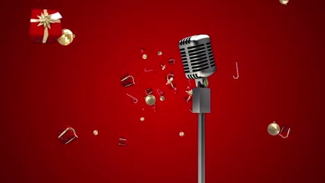 Animation-of-vintage-microphone-with-christmas-presents-falling-on-red-background