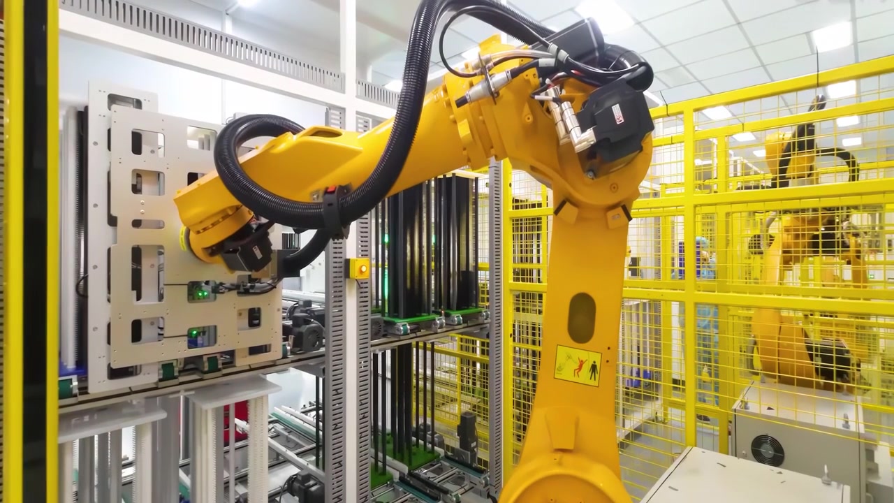 Enorme fábrica equipada con robots industriales, maquinaria automatizada y brazos robóticos trabajando en el ensamblaje de una planta de producción masiva automatizada.