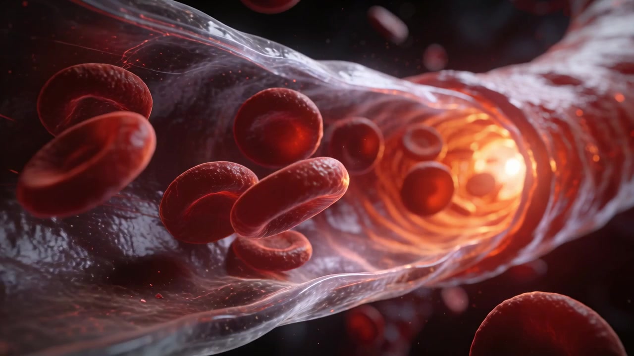 Globuli rossi che fluttuano, ruotano e si capovolgono attraverso il lume del vaso, con luce distale che evidenzia il plasma.