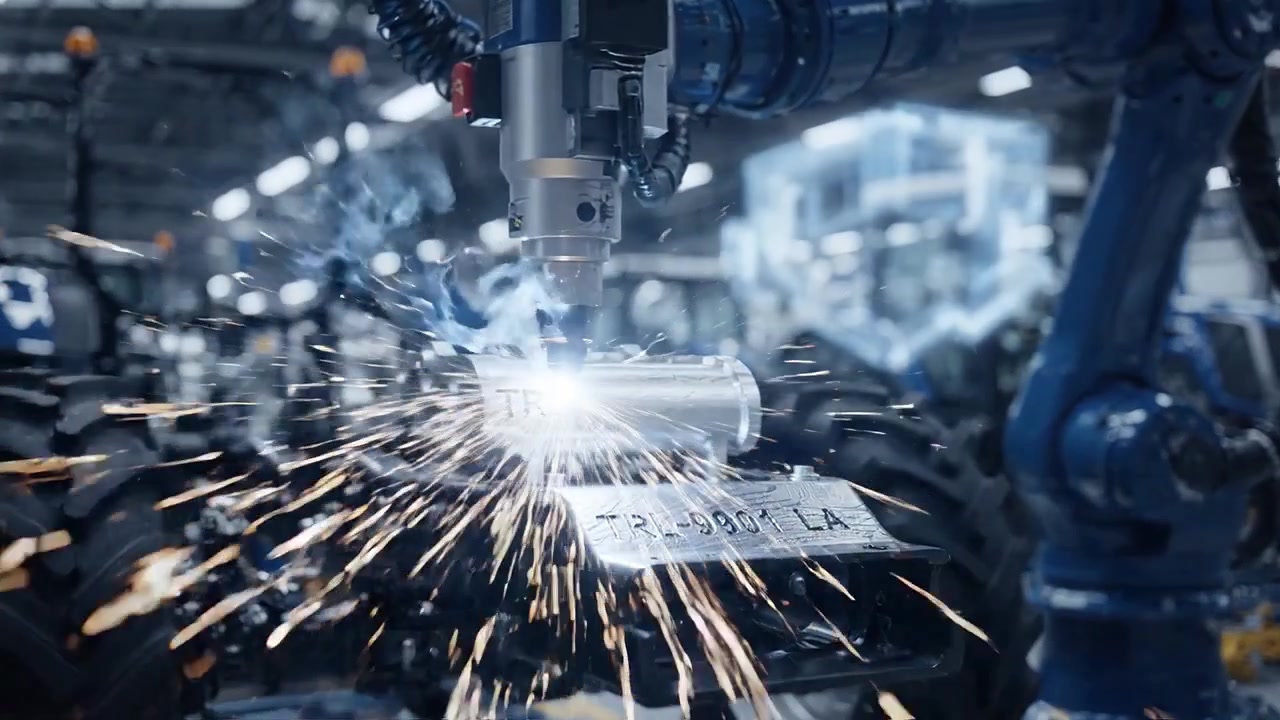 Industrial Robotic Arm Welding Tractor Chassis with Holographic Display