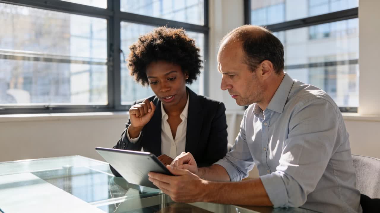 Woman pointing and tapping tablet while man presenting device, reviewing business report together