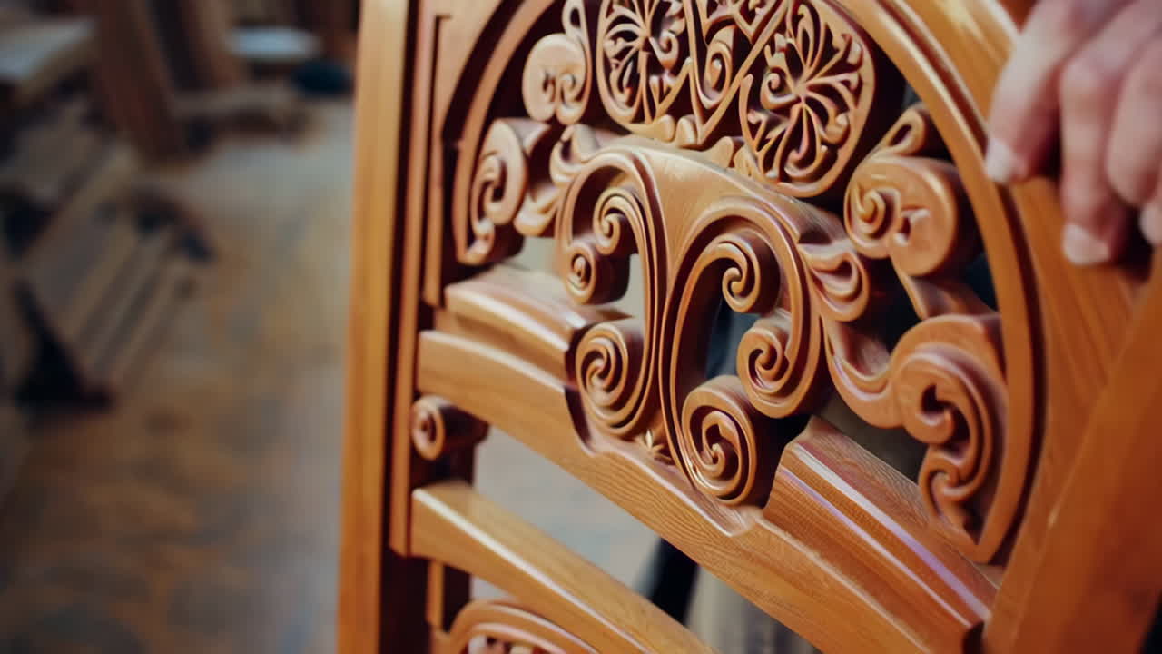 Wood Carving Craftsman and Detail of Carved Chair Back