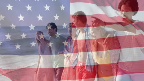 animation of flag of usa over happy diverse friends on beach in summer