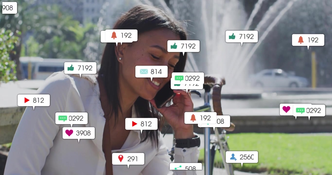 Woman using phone at fountain, alerts entering right and covering face while tracking marketing