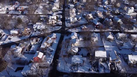 Aerial-footage-over-Waltham,-Massachusetts-in-February-2021