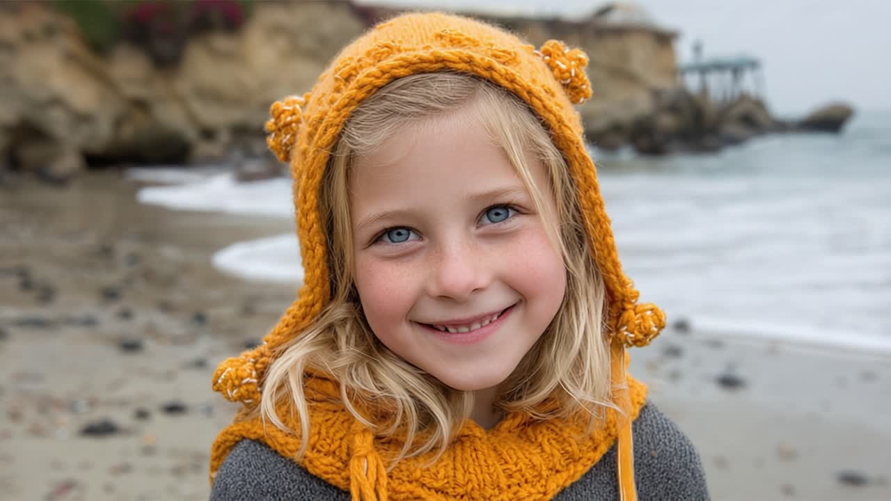 Uma Criança Sorridente com um Chapéu Laranja Brilhante Aproveita um Dia na Praia, Capturando a Alegria da Vida Costeira e Memórias Preciosas com Cada Sorriso Radiante