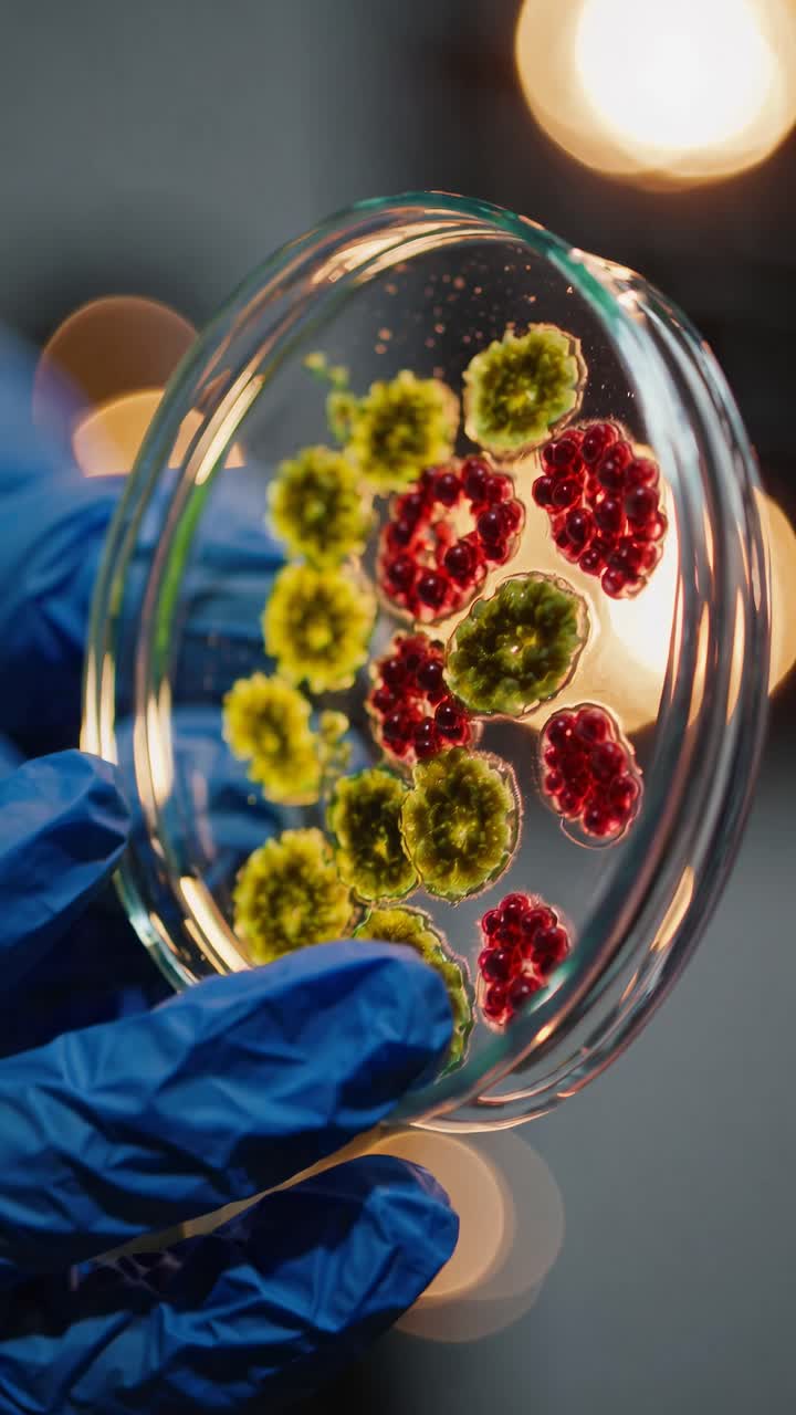 Gloved hands holding a petri dish with colorful cultures
