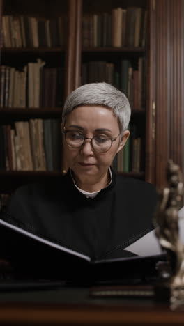Senior Woman Lawyer Reading Documents in a Library
