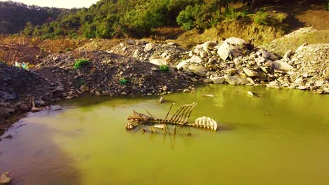 a skeleton carcase of a dead horse in a small lake at the top of the mountain