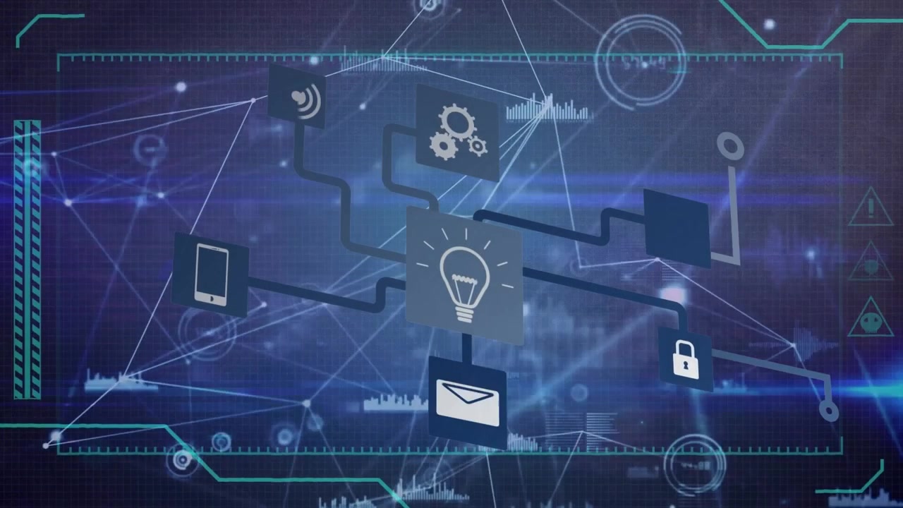 Animation of digital icons and network of connections and data processing against blue background